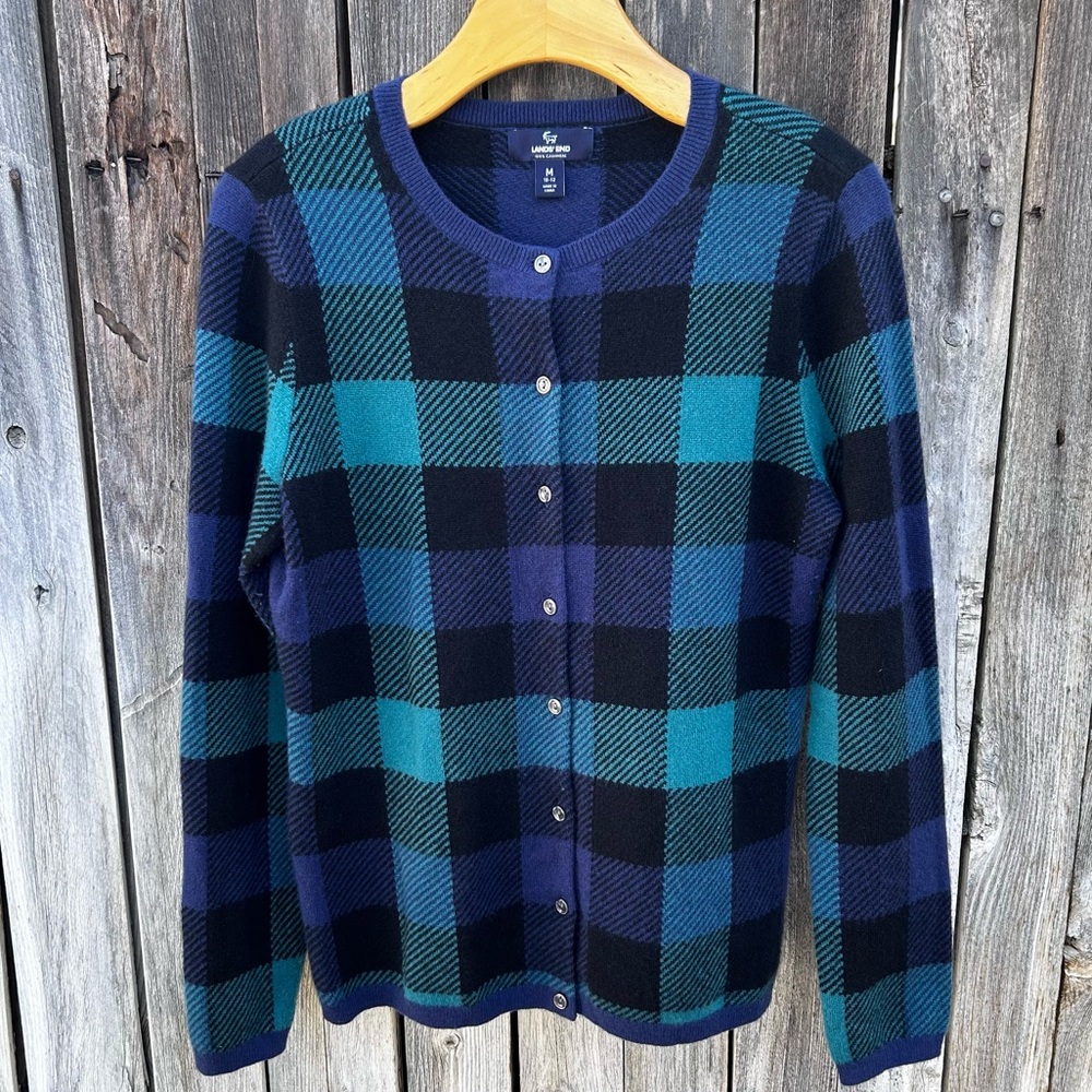 Lands’ End Plaid Cashmere Crewneck Cardigan Blue Green Black M - Picture 14 of 14